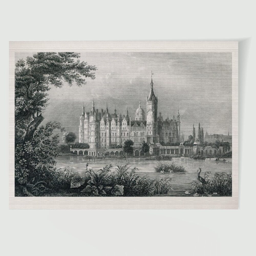Schwerin Schloss mit Schweriner See ca. 30 x 42 cm (Stahlstich, Kunstdruck) – Historischer Stahlstich 1860 als Kunstdruck