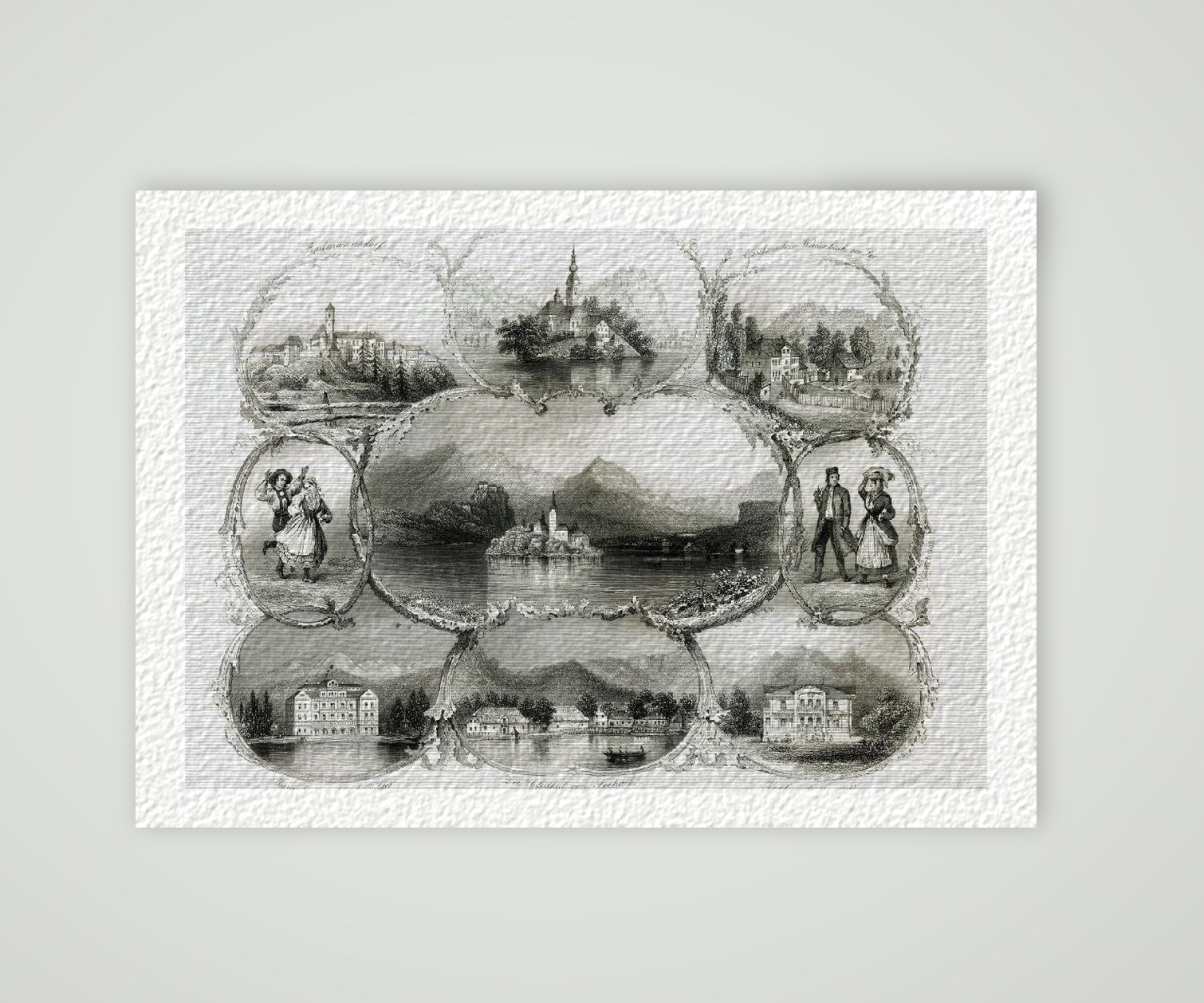 Veldes Stadtansicht Souvenirblatt ca. 30 x 42 cm (Stahlstich, Kunstdruck) – Historischer Stahlstich 1860 als Kunstdruck – auf Hahnemühle-Büttenpapier