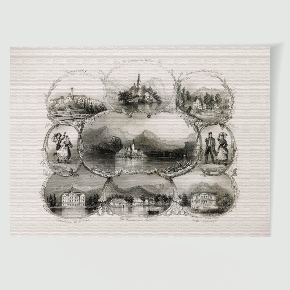 Veldes Stadtansicht Souvenirblatt ca. 30 x 42 cm (Stahlstich, Kunstdruck) – Historischer Stahlstich 1860 als Kunstdruck