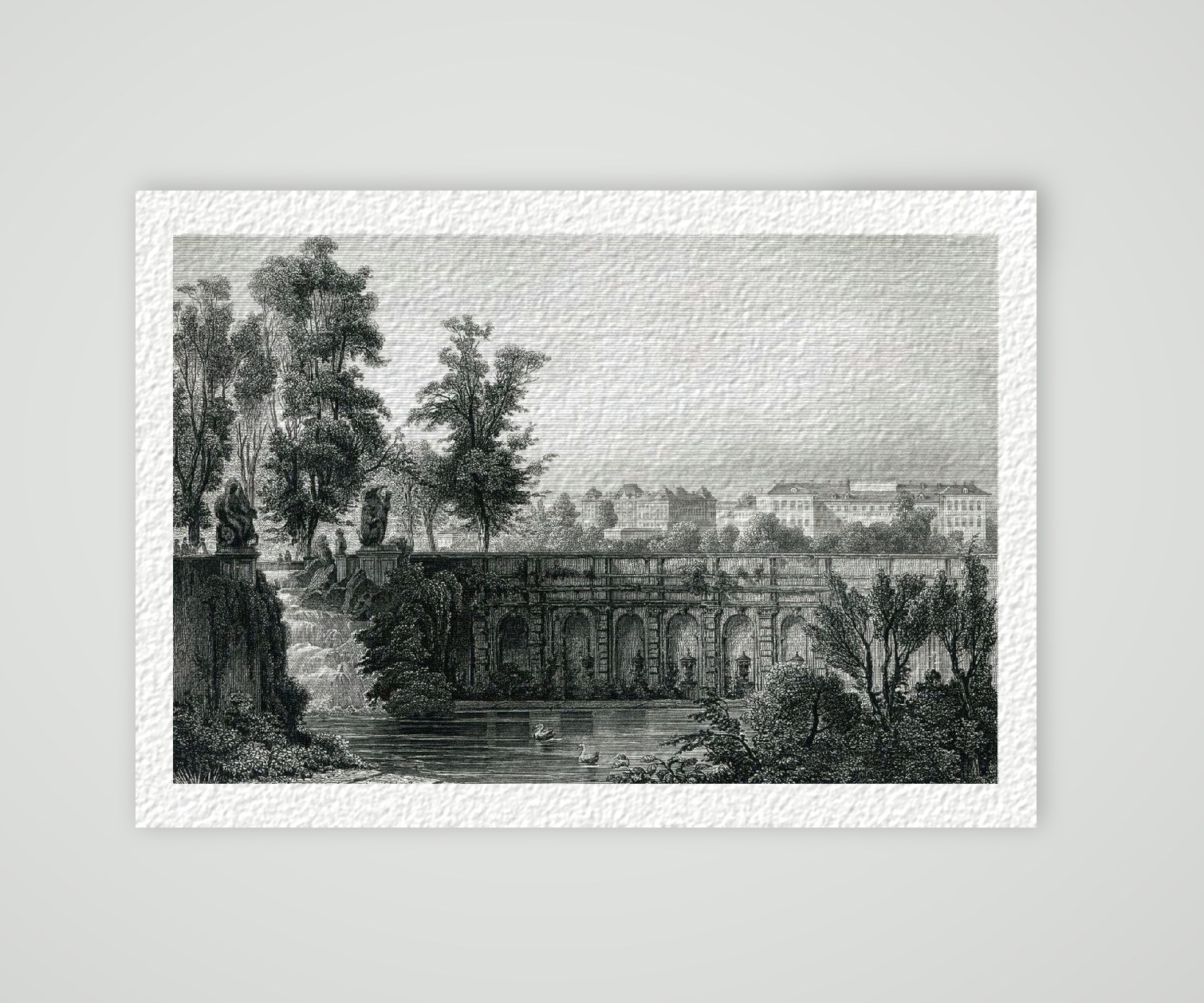 Dresden Stadtansicht Nymphenbad am Zwinger – Historischer Stahlstich 19. Jh. als Kunstdruck – auf Hahnemühle-Büttenpapier