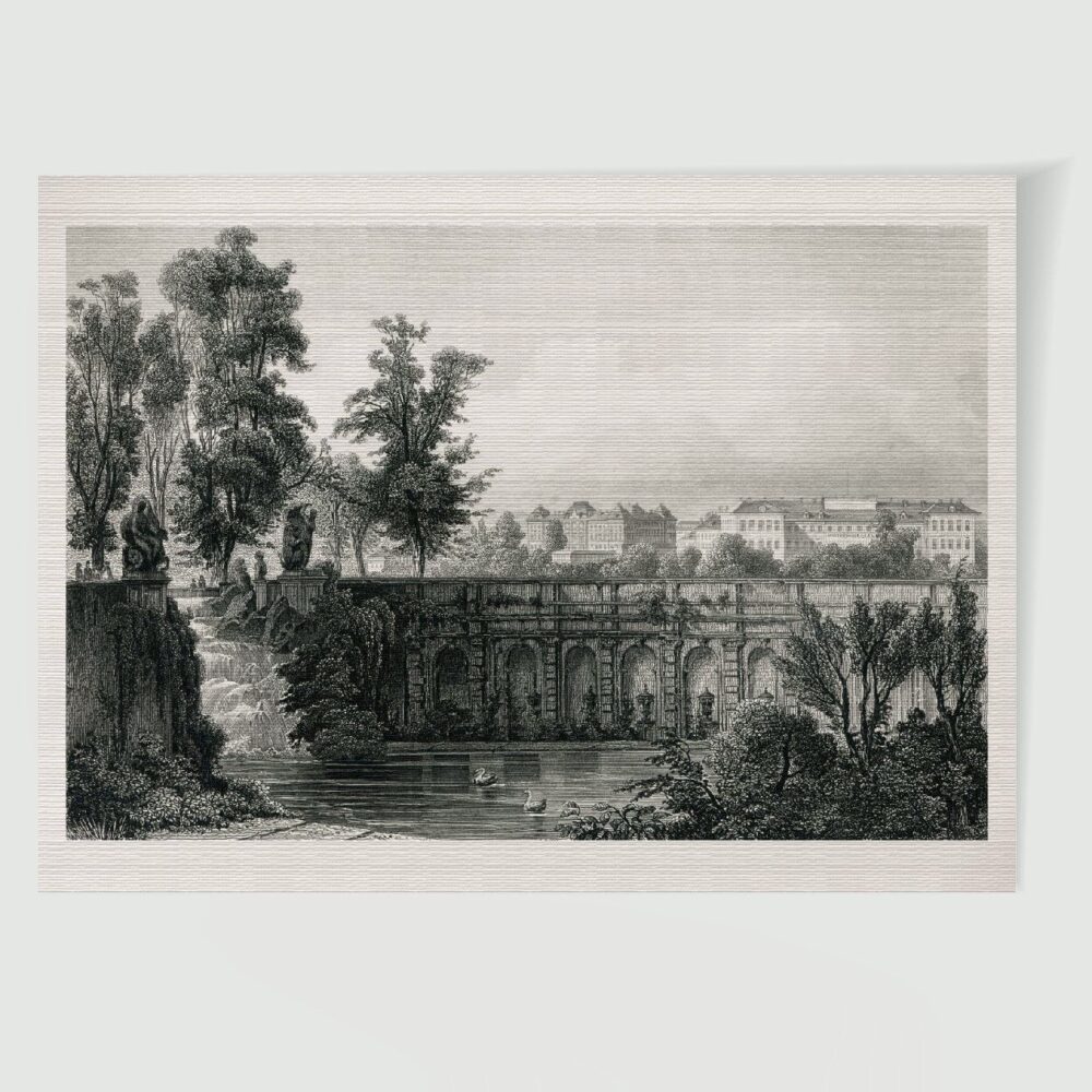 Dresden Stadtansicht Nymphenbad am Zwinger – Historischer Stahlstich 19. Jh. als Kunstdruck
