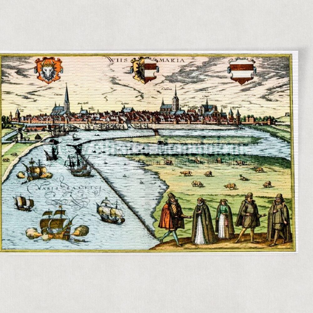 Wismar ca. 30 x 42 cm Stadtbild mit Wappen Kunstdruck auf Papier (Kupferstich) – Historischer Stahlstich 1860 als Kunstdruck