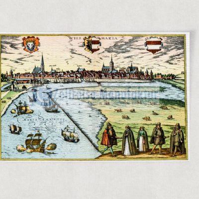 Wismar ca. 30 x 42 cm Stadtbild mit Wappen Kunstdruck auf Papier