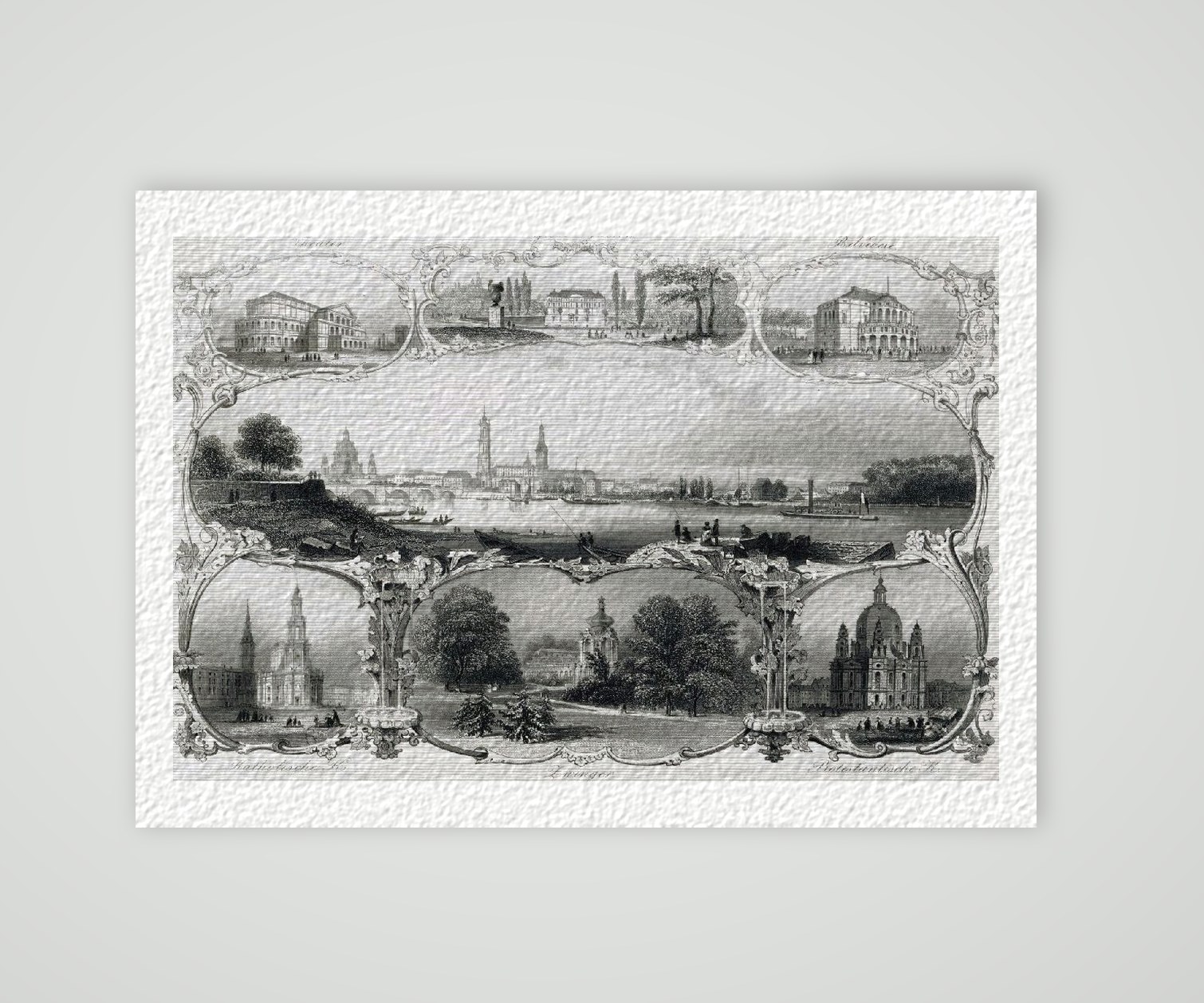 Dresden Stadtansicht Souvenirblatt ca. 30 x 42 cm (Stahlstich, Kunstdruck) – Historischer Stahlstich 1860 als Kunstdruck – auf Hahnemühle-Büttenpapier