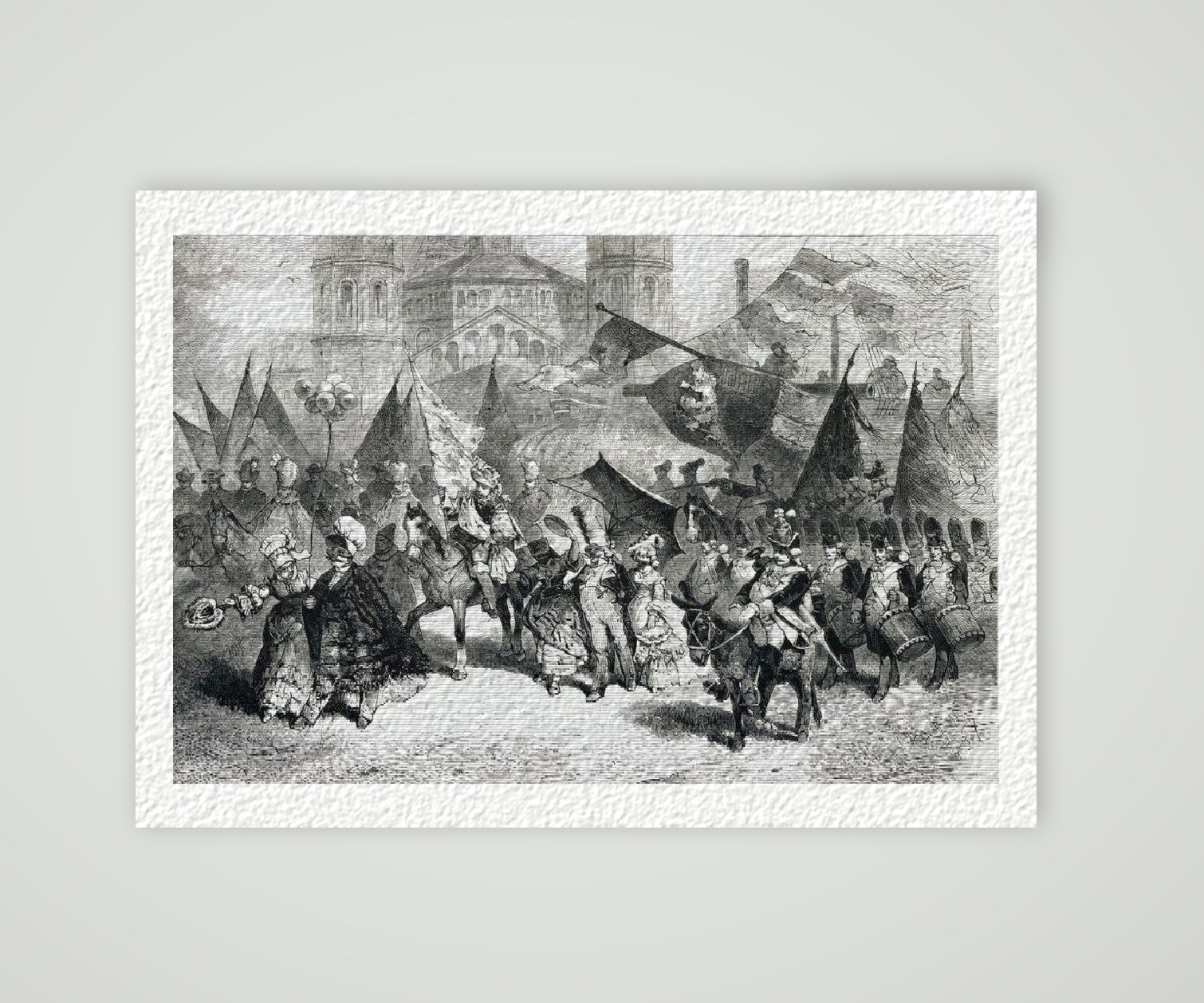 Köln Carneval um 1850 – Historischer Stahlstich 1900 als Kunstdruck – auf Hahnemühle-Büttenpapier