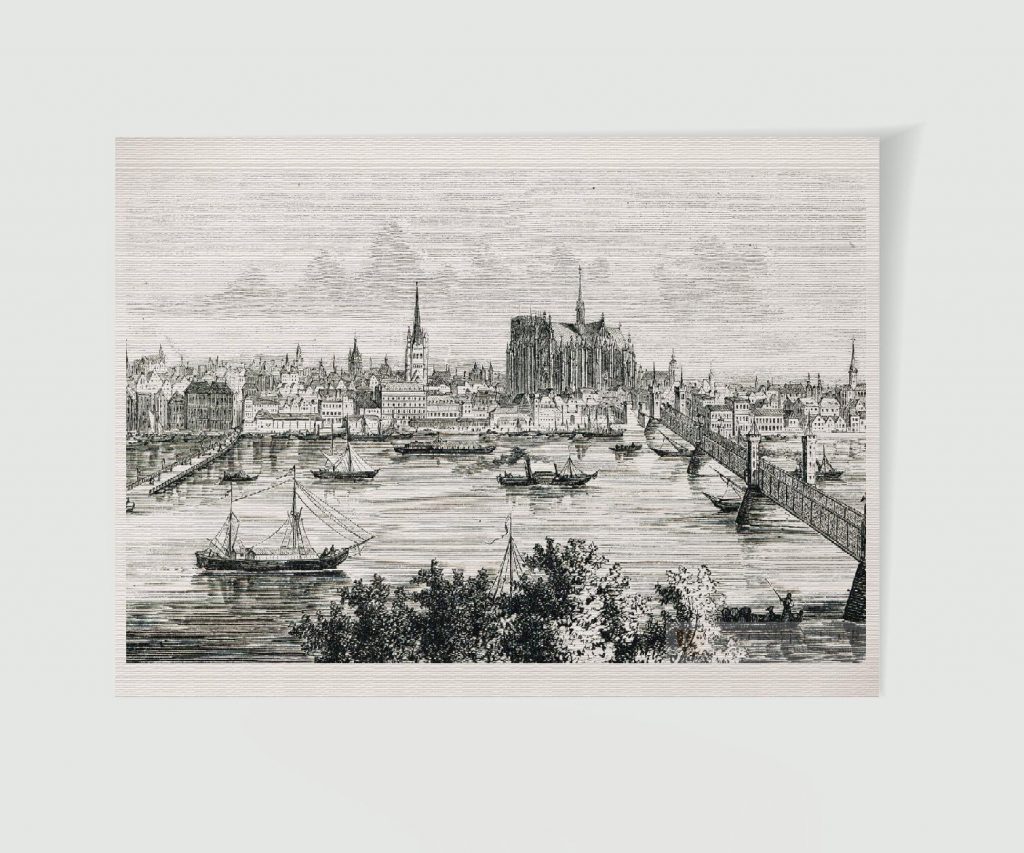 Köln Stadtansicht Dom im Bau – Historischer Stahlstich 1900 als Kunstdruck