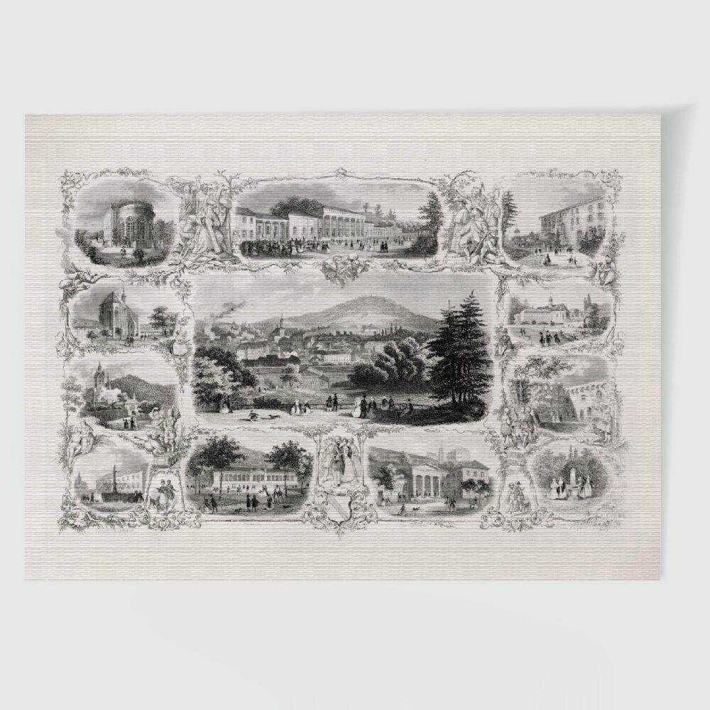 Baden Stadtansicht Souvenirblatt ca. 30 x 42 cm (Stahlstich, Kunstdruck) – Historischer Stahlstich 1860 als Kunstdruck