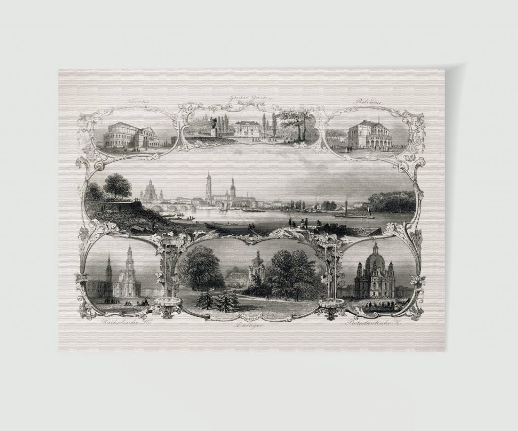 Dresden Souvenirblatt: Hauptansicht mit umlaufenden Vignetten der bedeutendsten Bauwerke