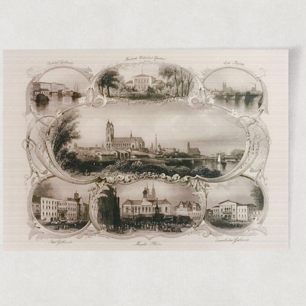 Magdeburg Stadtansicht Souvenirblatt ca. 30 x 42 cm (Stahlstich, Kunstdruck) – Historischer Stahlstich 1850 als Kunstdruck