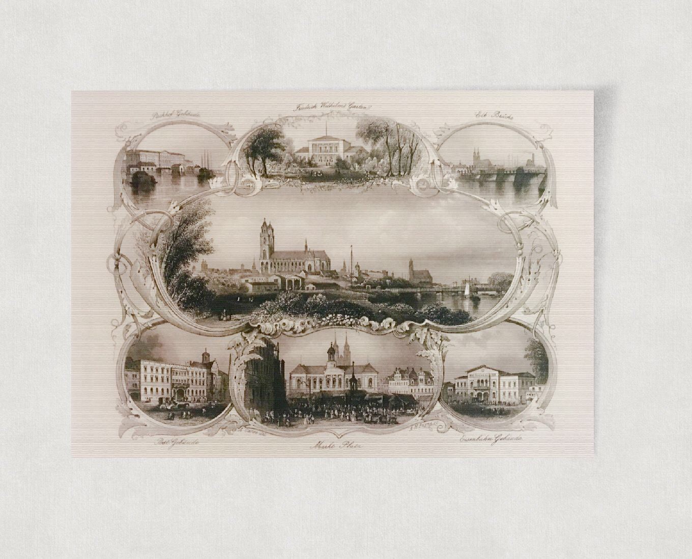 Magdeburg Stadtansicht Souvenirblatt ca. 30 x 42 cm (Stahlstich, Kunstdruck)