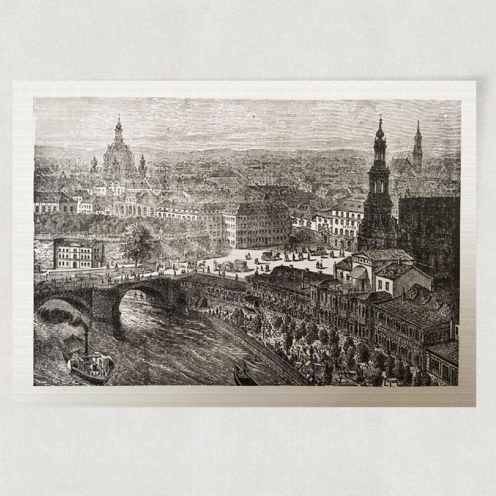 Dresden Stadtansicht Blick vom Elbufer ca. 30 x 42 cm (Stahlstich, Kunstdruck) – Historischer Stahlstich 19. Jh. als Kunstdruck
