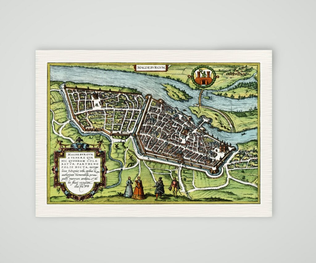 Magdeburg 1574, kolorierter Vogelschauplan nach Braun und Hogenberg, Kunstdruck auf Leinenpapier