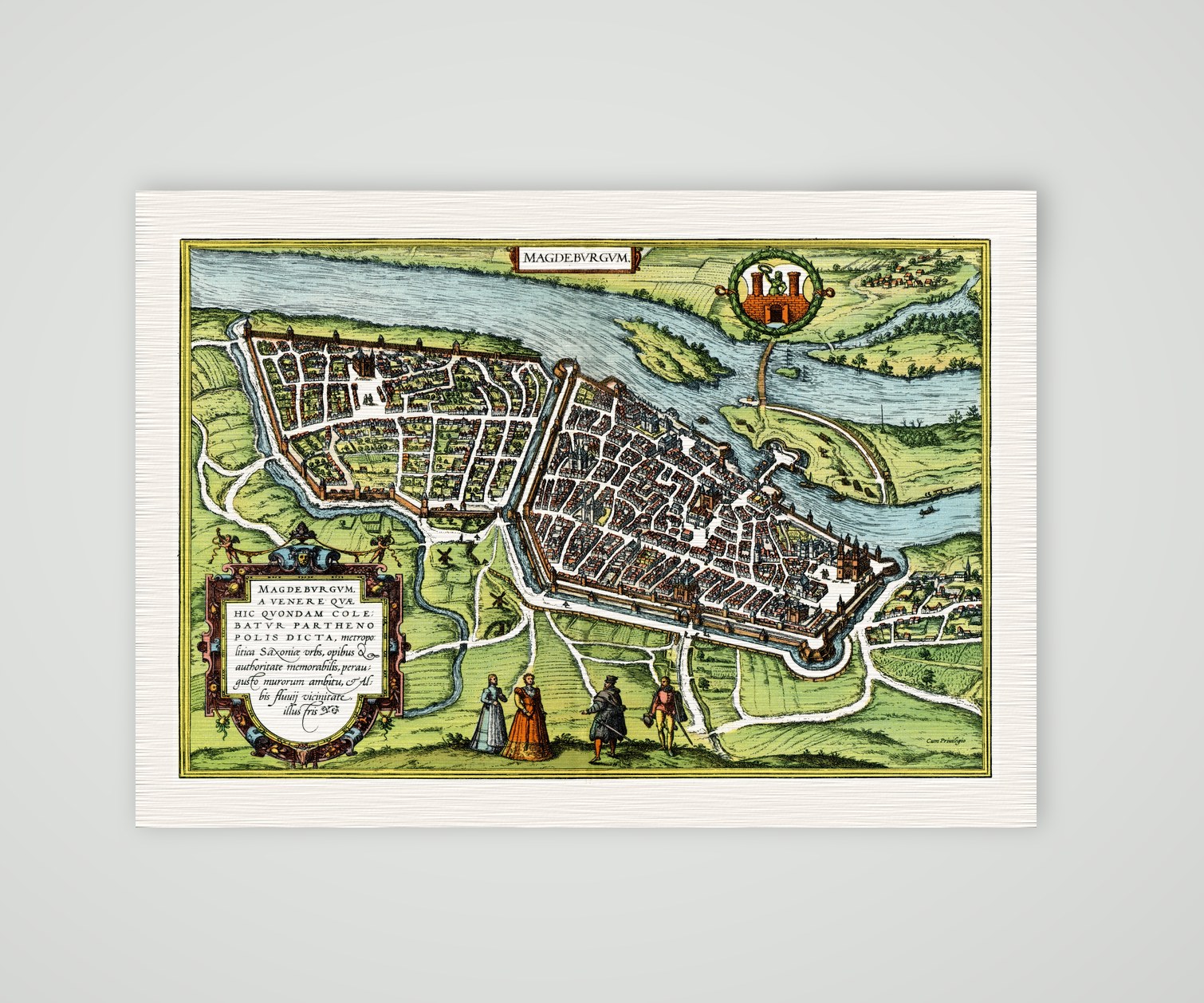 Magdeburg 1574, kolorierter Vogelschauplan nach Braun und Hogenberg, Kunstdruck auf Leinenpapier