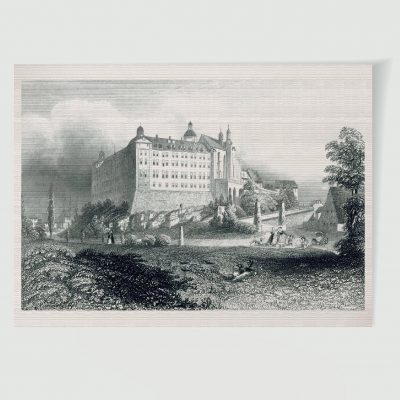 Stahlstich Altenburg Schloss um 1850 – Kunstdruck, Stadtansicht mit Spaziergängern und Hund