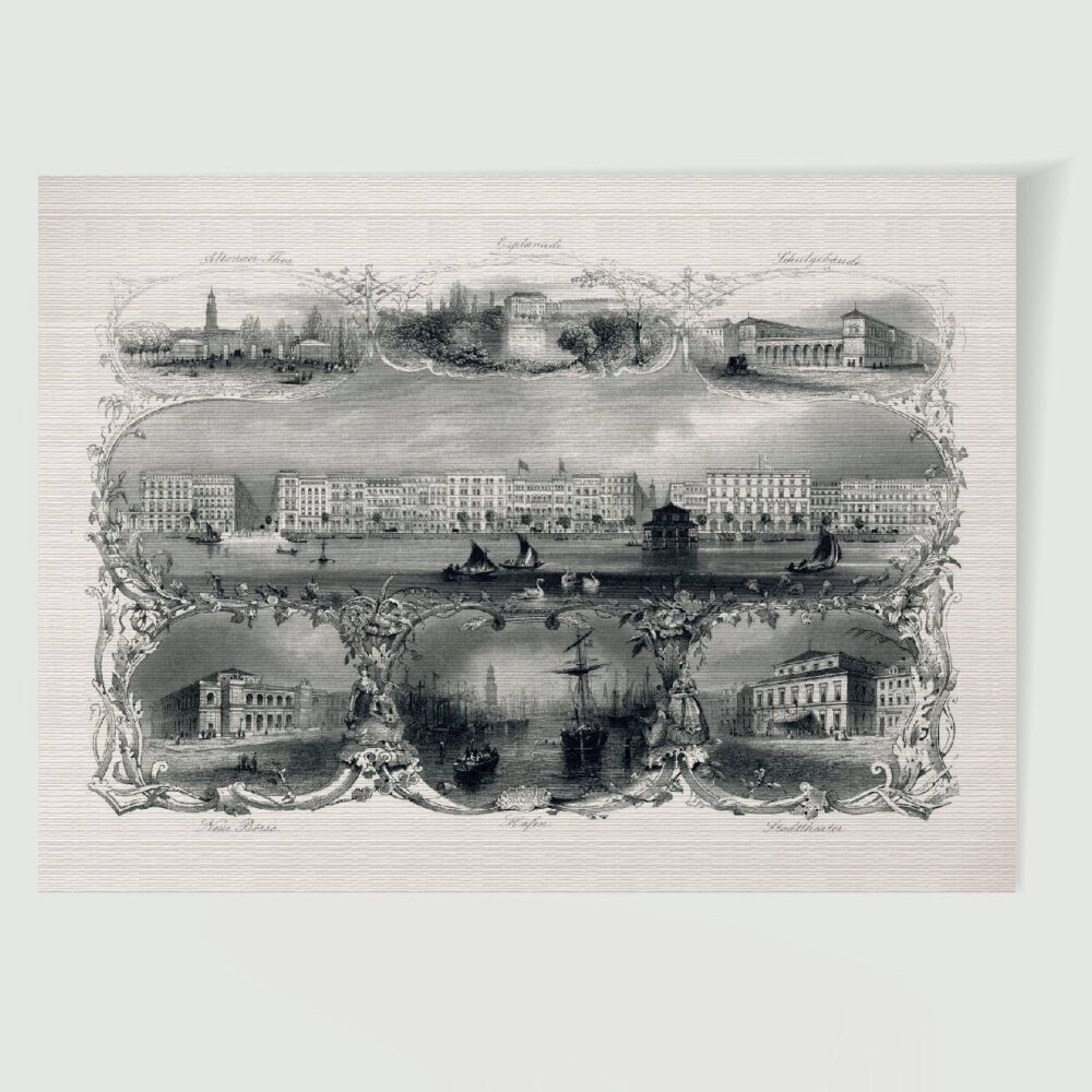 Hamburg Souvenirblatt – Historischer Stahlstich 1850 als Kunstdruck