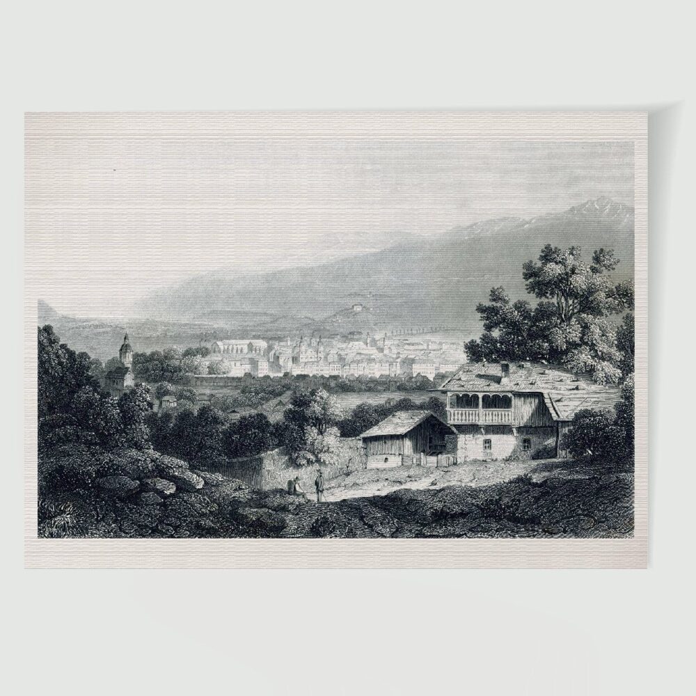 Innsbruck Stadtansicht ca. 30 x 42 cm (Stahlstich, Kunstdruck) – Historischer Stahlstich 1855 als Kunstdruck
