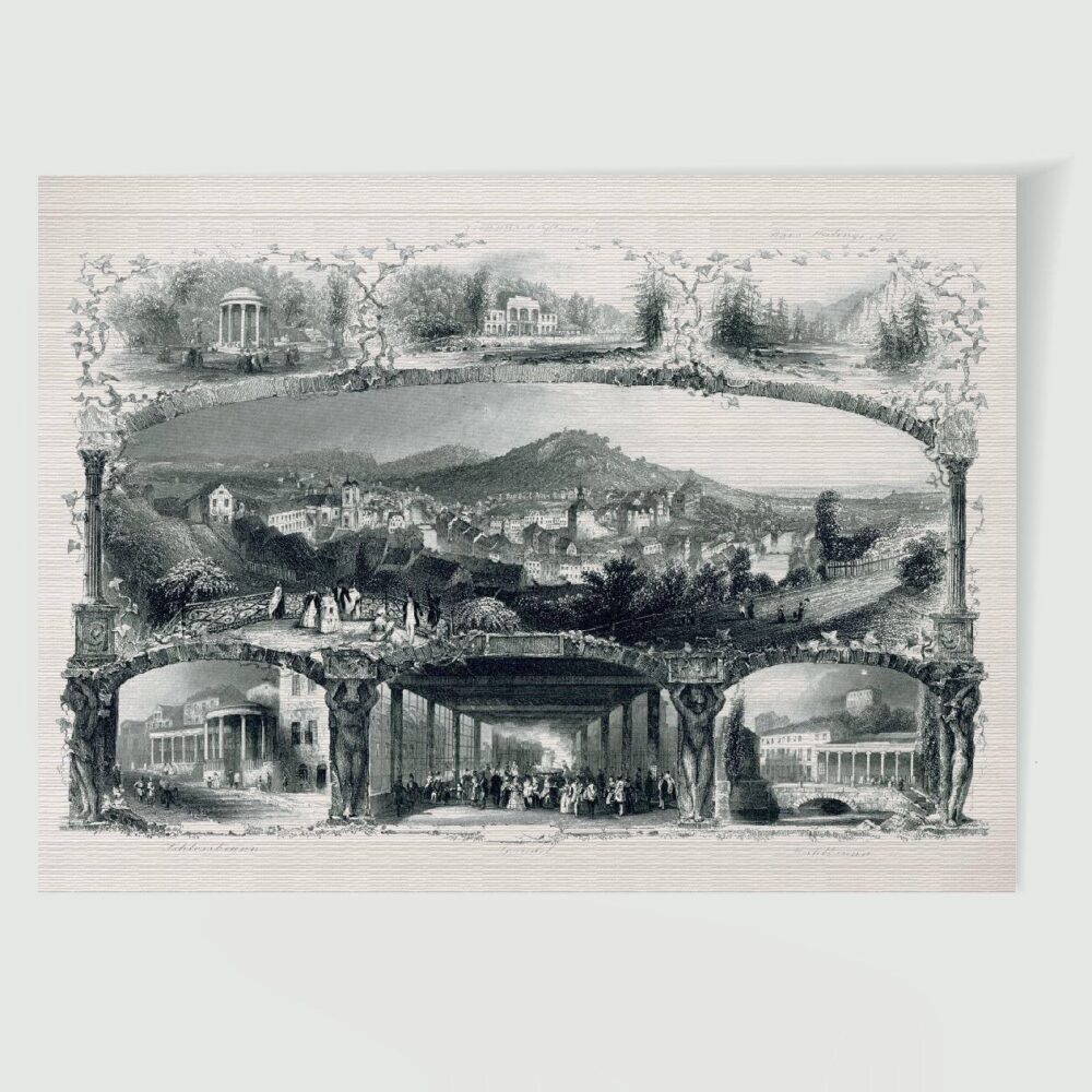 Karlsbad Stadtansicht Souvenierblatt – Historischer Stahlstich 1850 als Kunstdruck