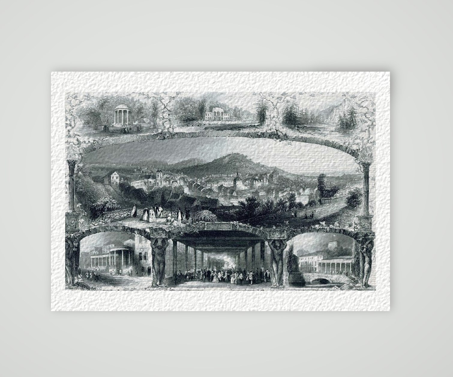Karlsbad Stadtansicht Souvenierblatt – Historischer Stahlstich 1850 als Kunstdruck – auf Hahnemühle-Büttenpapier