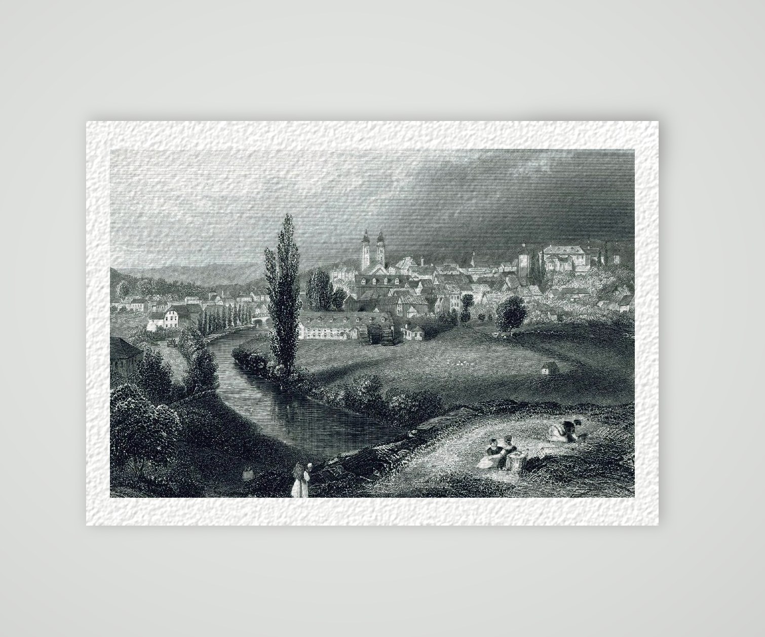 Plauen Stadtansicht ca. 30 x 42 cm (Stahlstich, Kunstdruck) – Historischer Stahlstich 1850 als Kunstdruck – auf Hahnemühle-Büttenpapier