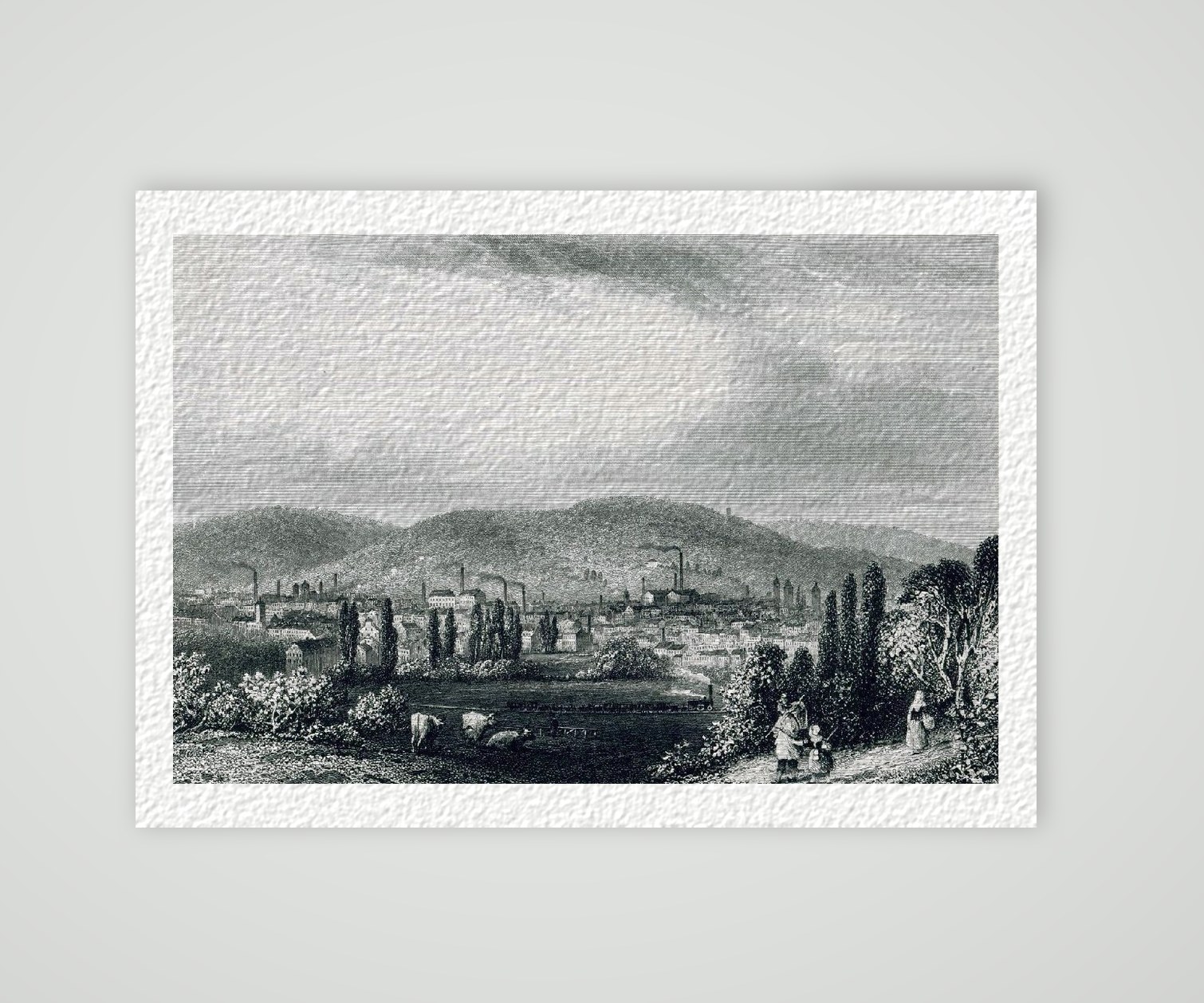 Verviers Stadtansicht ca. 30 x 42 cm (Stahlstich, Kunstdruck) – Historischer Stahlstich 1850 als Kunstdruck – auf Hahnemühle-Büttenpapier