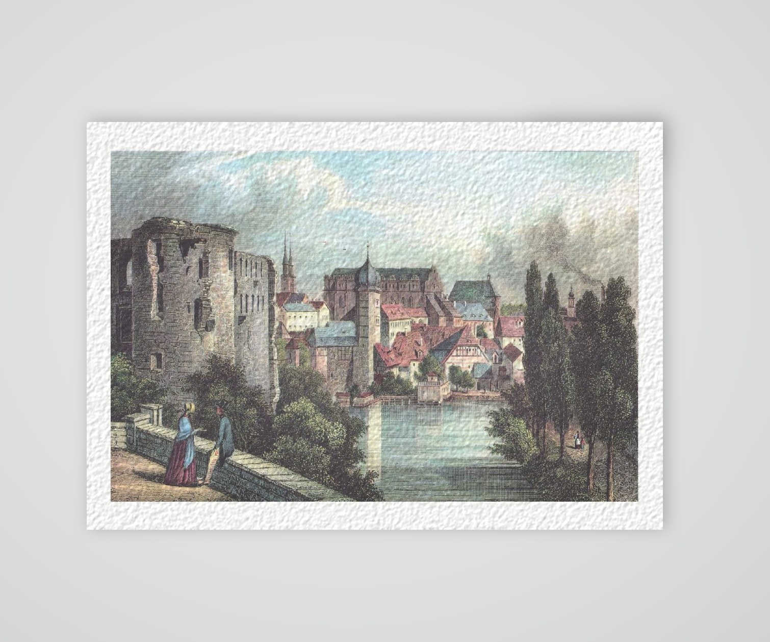 Halle Moritzburg und Domkirche ca. 30 x 42 cm (Stahlstich, Kunstdruck) – Historischer Stahlstich 1850 als Kunstdruck – auf Hahnemühle-Büttenpapier