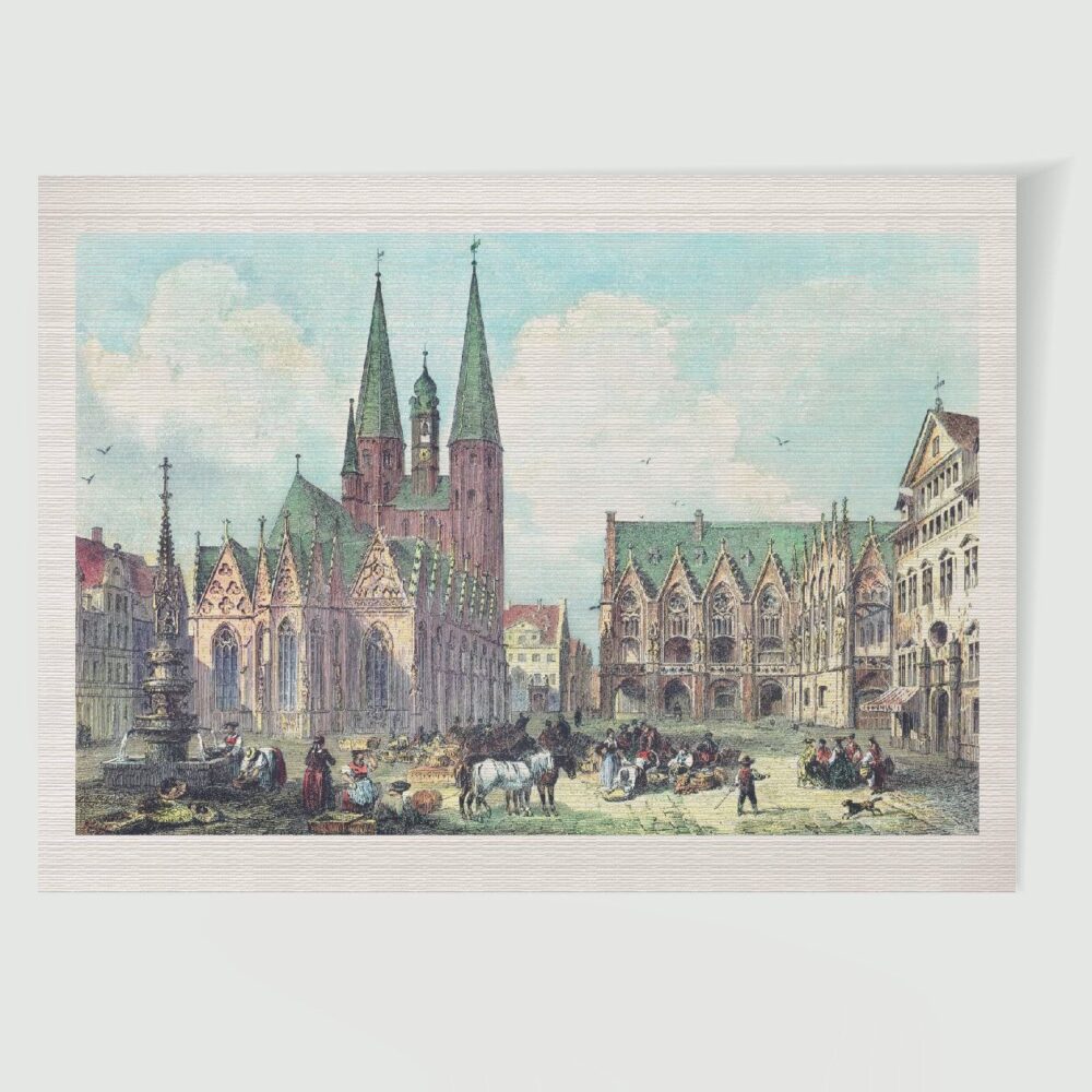 Celle Martkplatz und Rathaus ca. 30 x 42 cm (Stahlstich, Kunstdruck) – Historischer Stahlstich 1845 als Kunstdruck