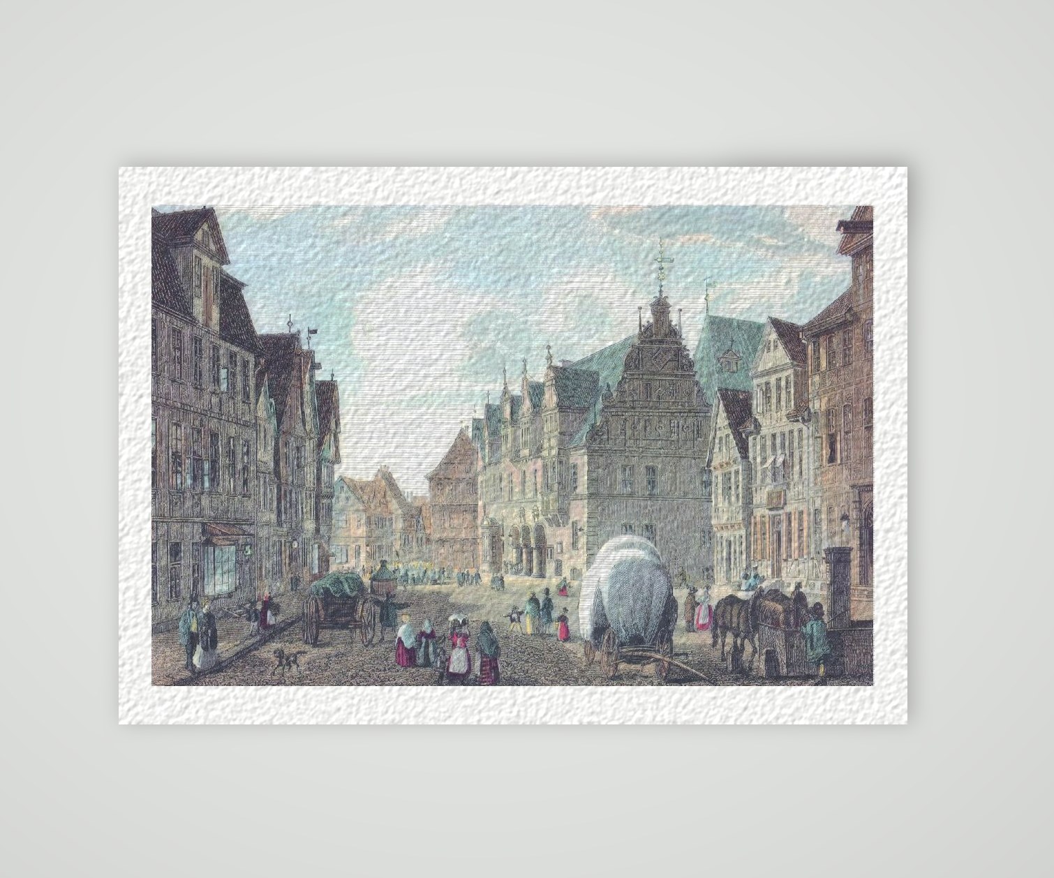 Celle Marktplatz und Rathaus – Historischer Stahlstich 1845 als Kunstdruck – auf Hahnemühle-Büttenpapier