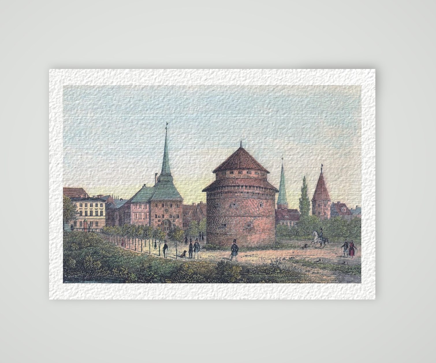 Rostock Steintor ca. 30 x 42 cm (Lithographie, Kunstdruck) – Historische Lithographie 1840 als Kunstdruck – auf Hahnemühle-Büttenpapier