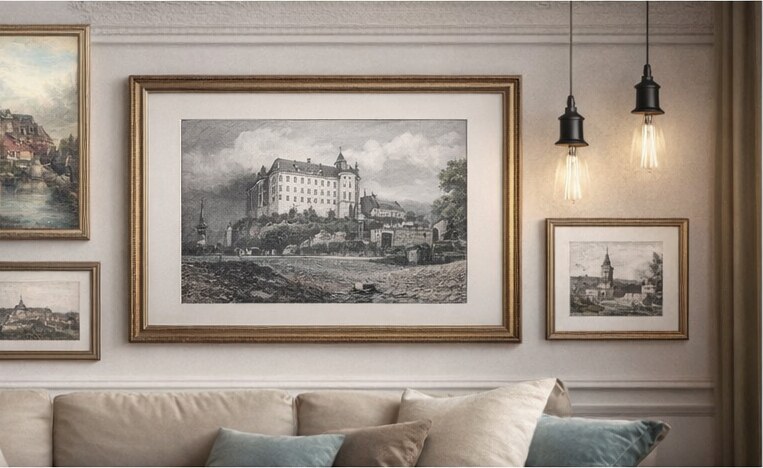 Gerahmter historischer Stahlstich einer Schlossansicht über einem Sofa im Wohnzimmer