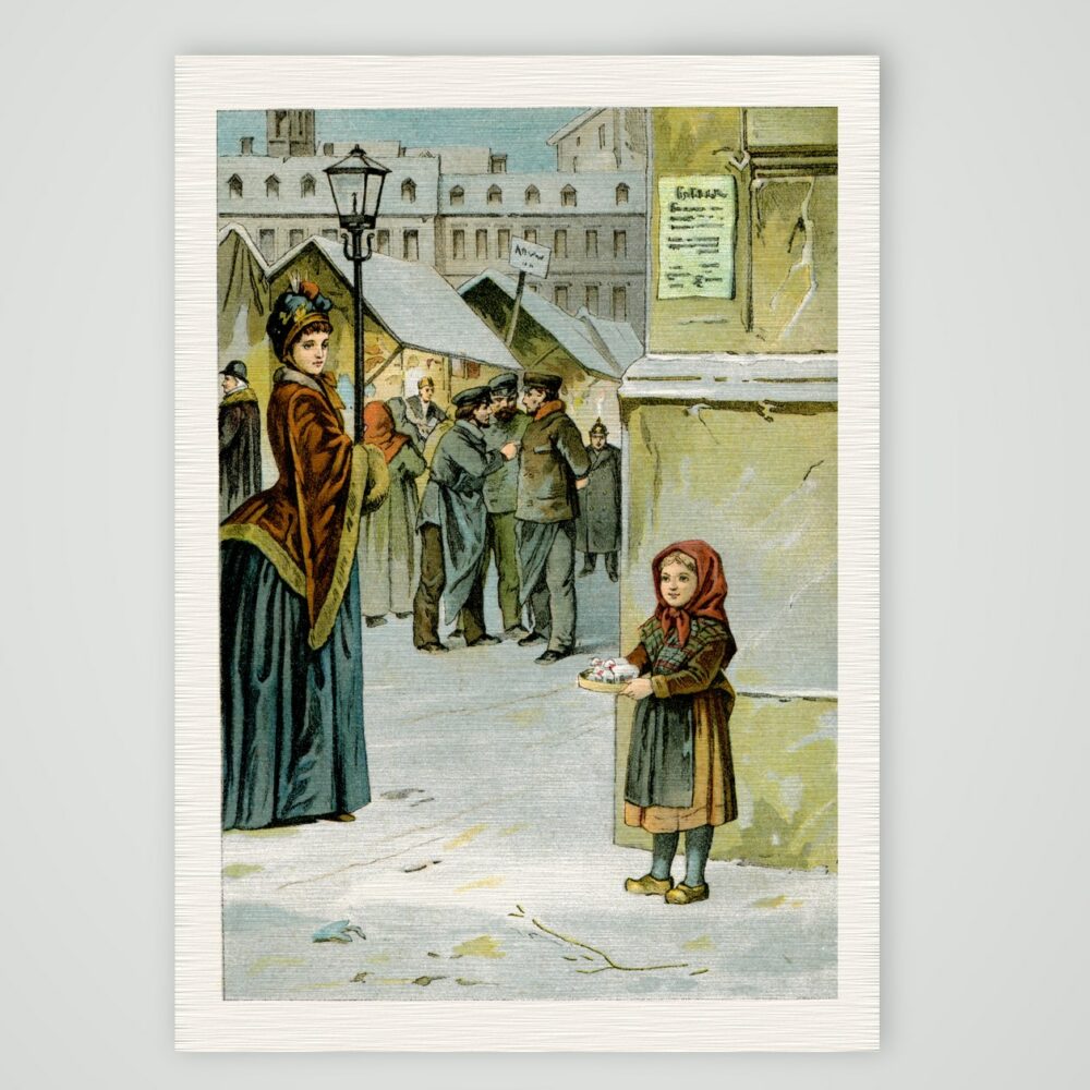 Im Schnee gefunden – Weihnachtsmarkt – Farblithografie, Kunstdruck auf Leinenpapier