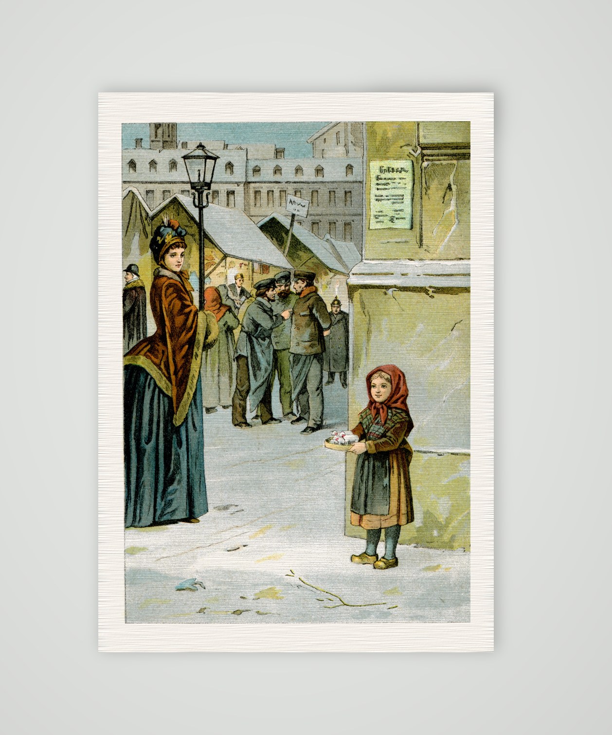 Im Schnee gefunden – Weihnachtsmarkt – Farblithografie, Kunstdruck auf Leinenpapier