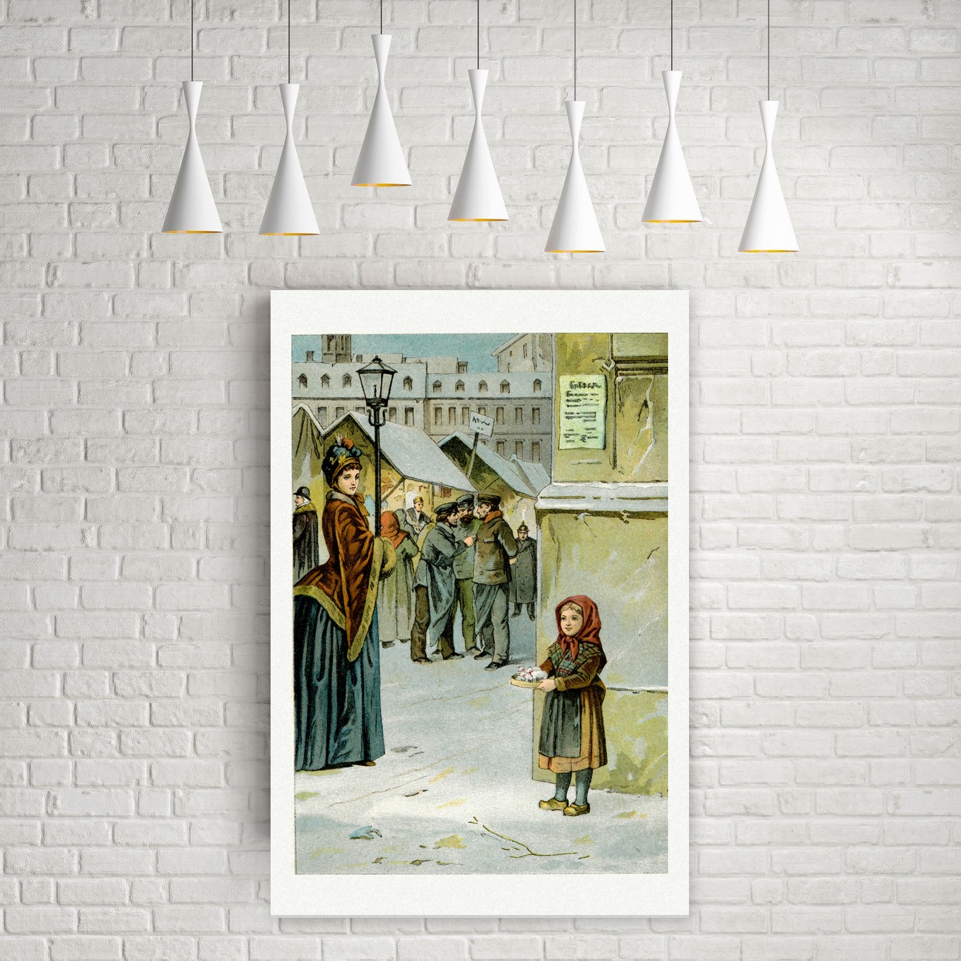 Im Schnee gefunden – Weihnachtsmarkt – Farblithografie, Leinwanddruck auf Holzkeilrahmen an der Wand