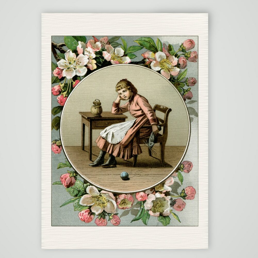 Mädchen am Tisch im Blütenkranz – Farblithografie, Kunstdruck auf Leinenpapier