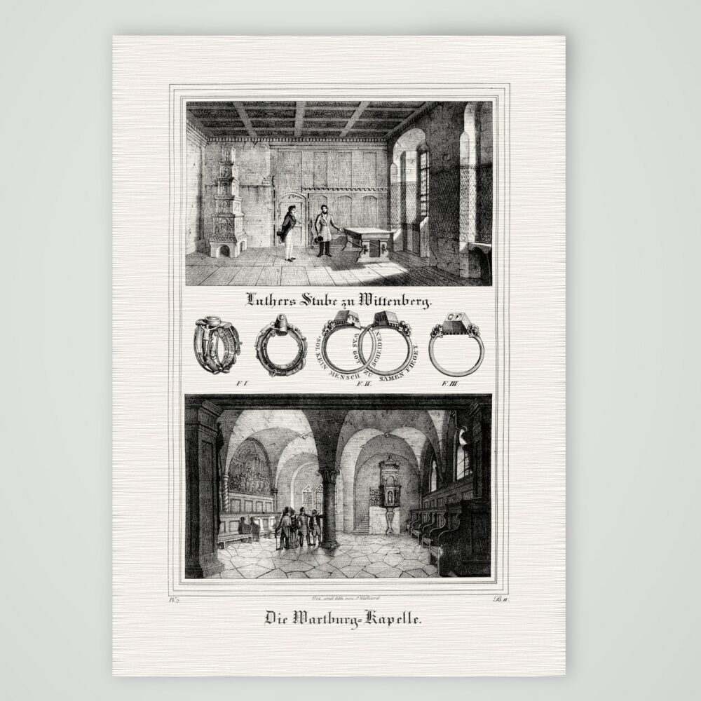 Luthers Stube in Wittenberg, Luthers Ringe und die Wartburg-Kapelle – Lithografie, Kunstdruck auf Leinenpapier