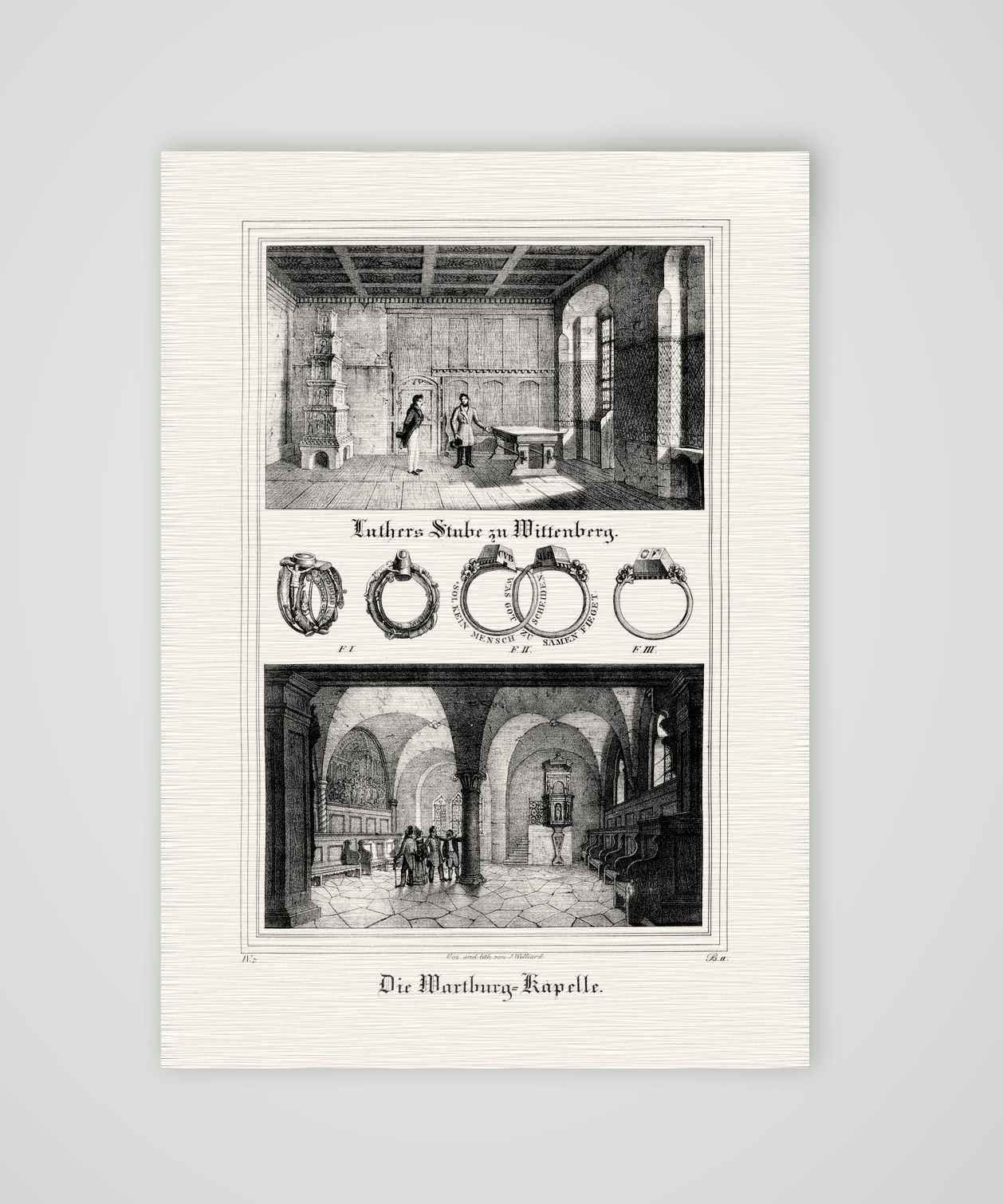 Luthers Stube in Wittenberg, Luthers Ringe und die Wartburg-Kapelle – Lithografie, Kunstdruck auf Leinenpapier