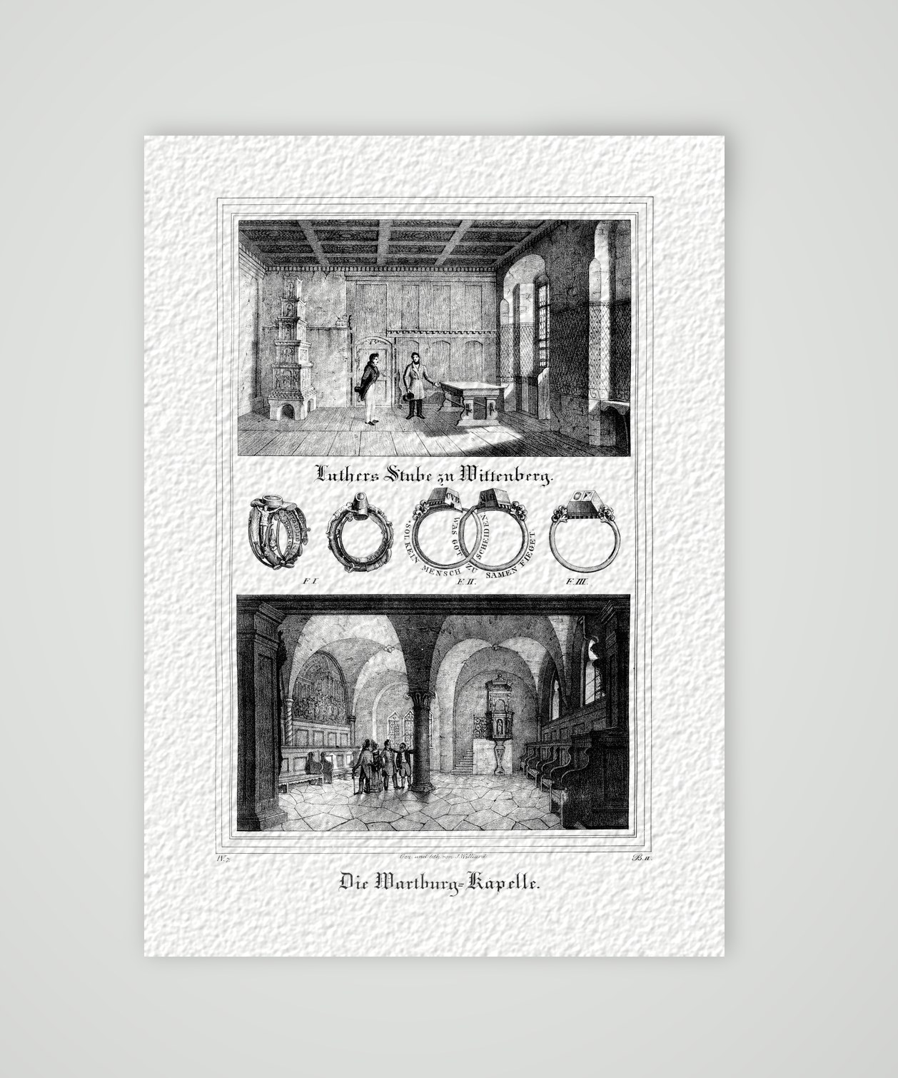 Luthers Stube in Wittenberg, Luthers Ringe und die Wartburg-Kapelle – Lithografie, Kunstdruck auf Hahnemühle-Büttenpapier