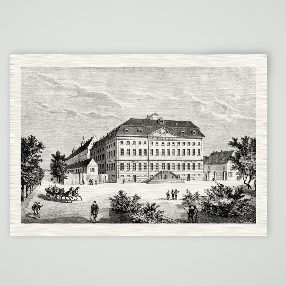 Halle, die Franckeschen Stiftungen – Holzstich, Kunstdruck auf Leinenpapier