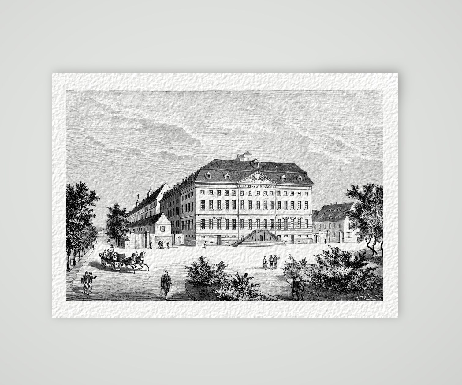 Halle, die Franckeschen Stiftungen – Holzstich, Kunstdruck auf Hahnemühle-Büttenpapier