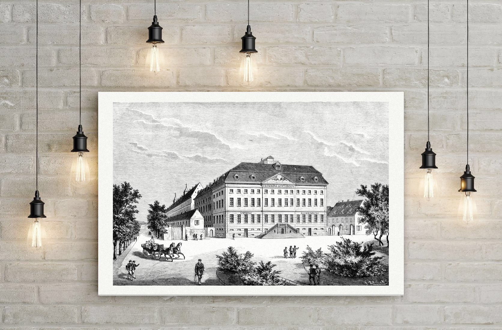 Halle, die Franckeschen Stiftungen – Holzstich, Leinwanddruck auf Holzkeilrahmen an der Wand