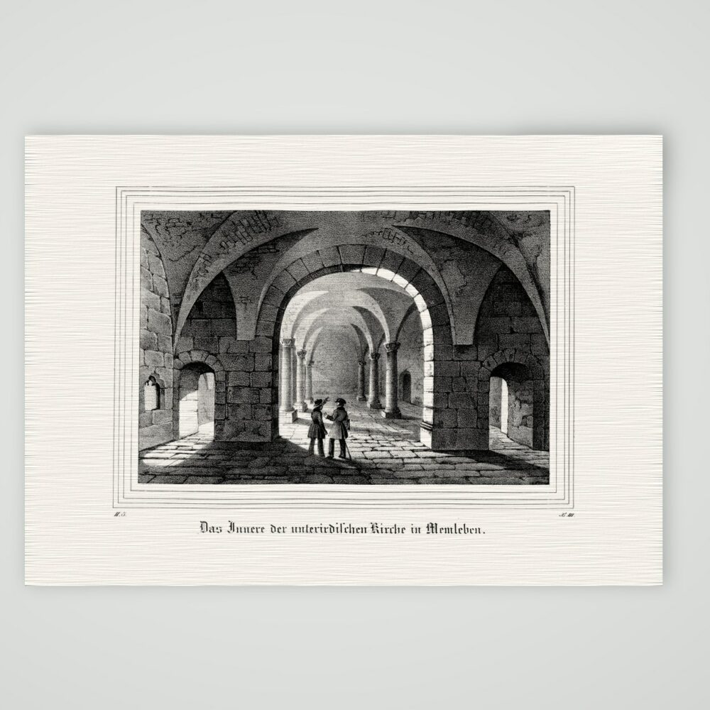 Memleben, das Innere der unterirdischen Kirche – Lithografie, Kunstdruck auf Leinenpapier
