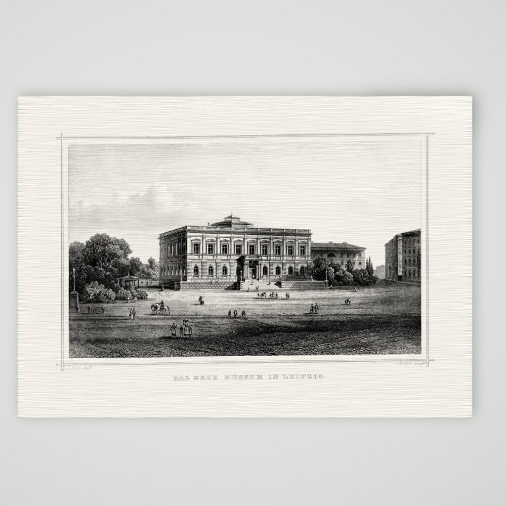 Leipzig, das Neue Museum – Stahlstich, Kunstdruck auf Leinenpapier