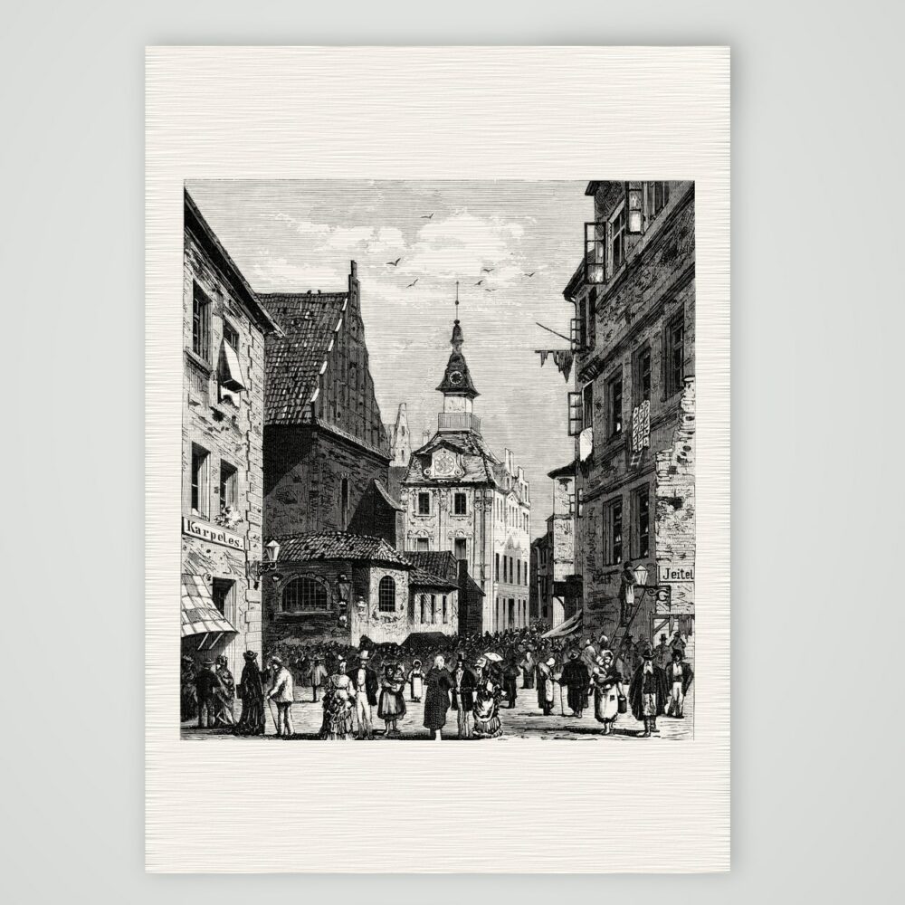 Prag, das jüdische Rathaus in der Josephstadt – Holzstich, Kunstdruck auf Leinenpapier