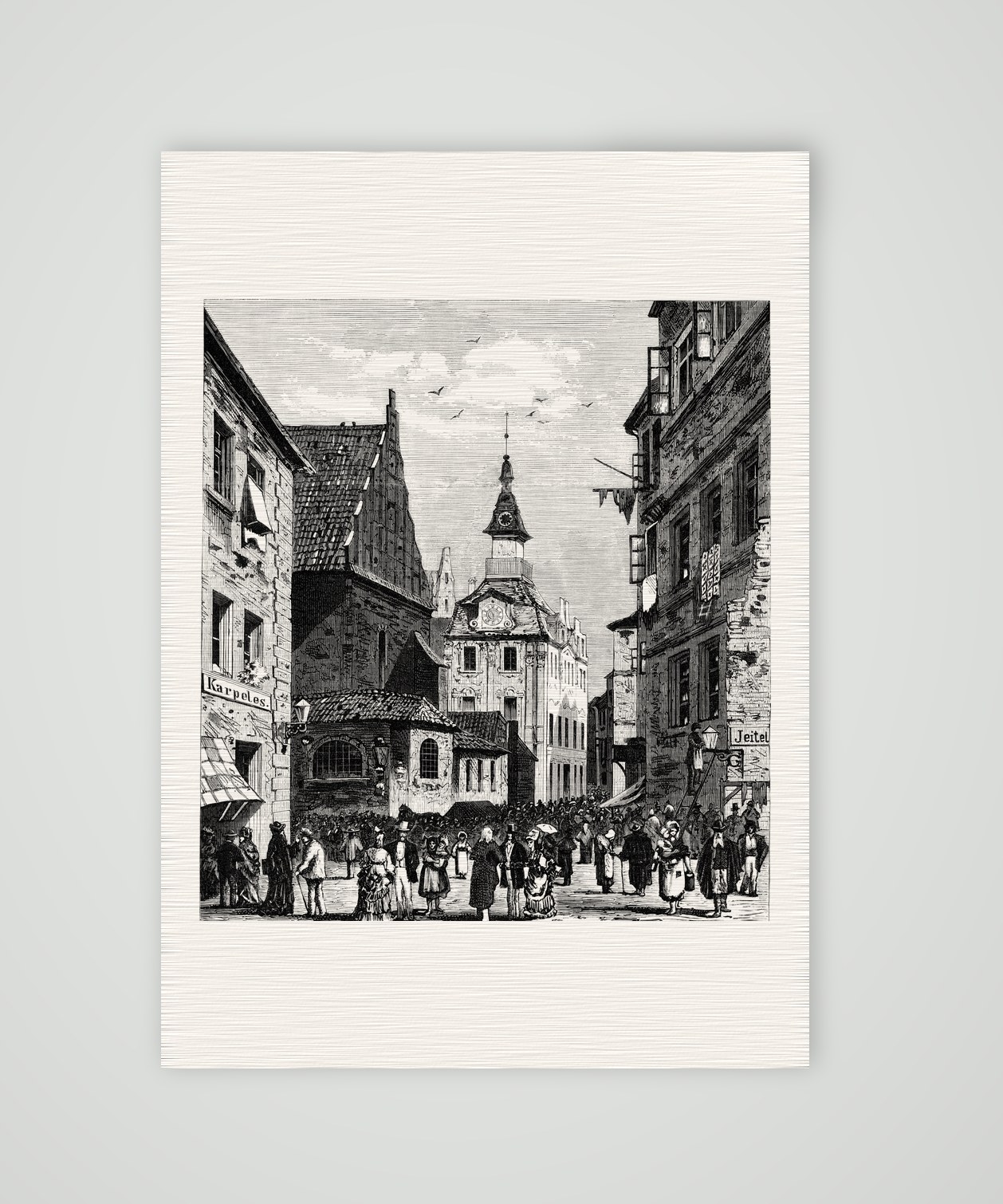 Prag, das jüdische Rathaus in der Josephstadt – Holzstich, Kunstdruck auf Leinenpapier