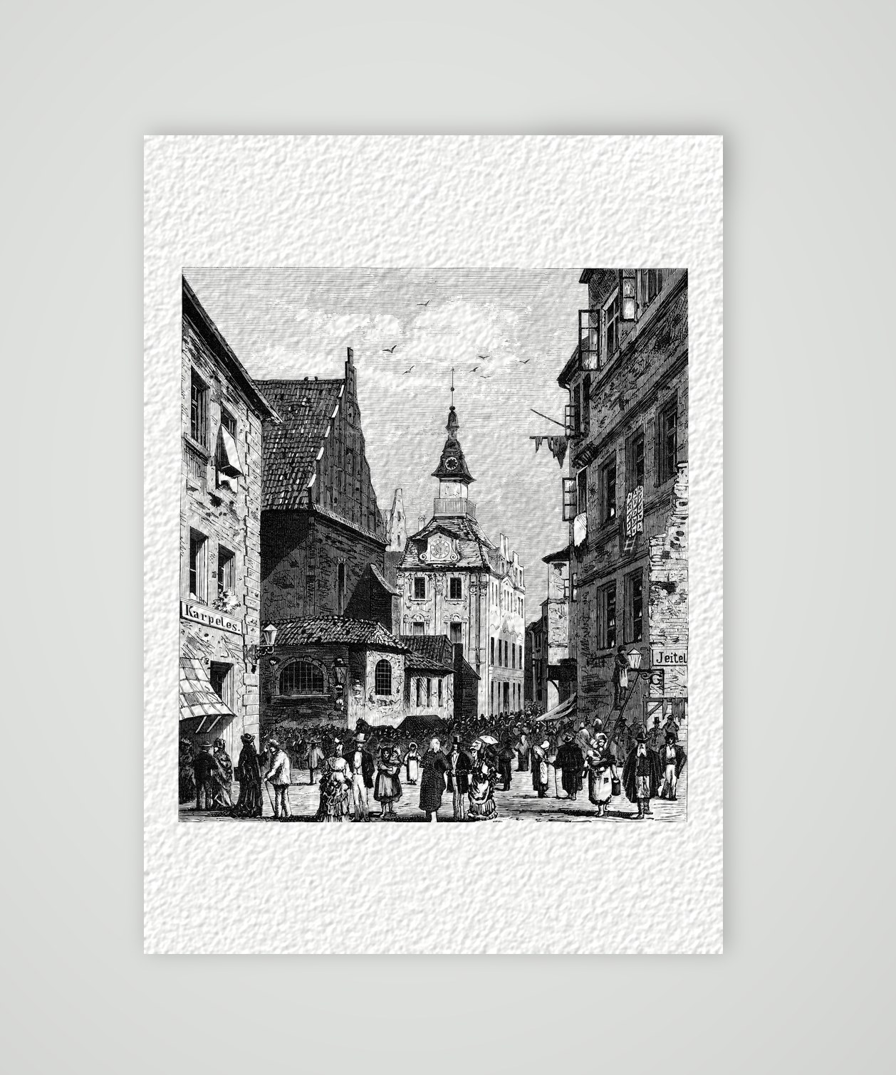 Prag, das jüdische Rathaus in der Josephstadt – Holzstich, Kunstdruck auf Hahnemühle-Büttenpapier
