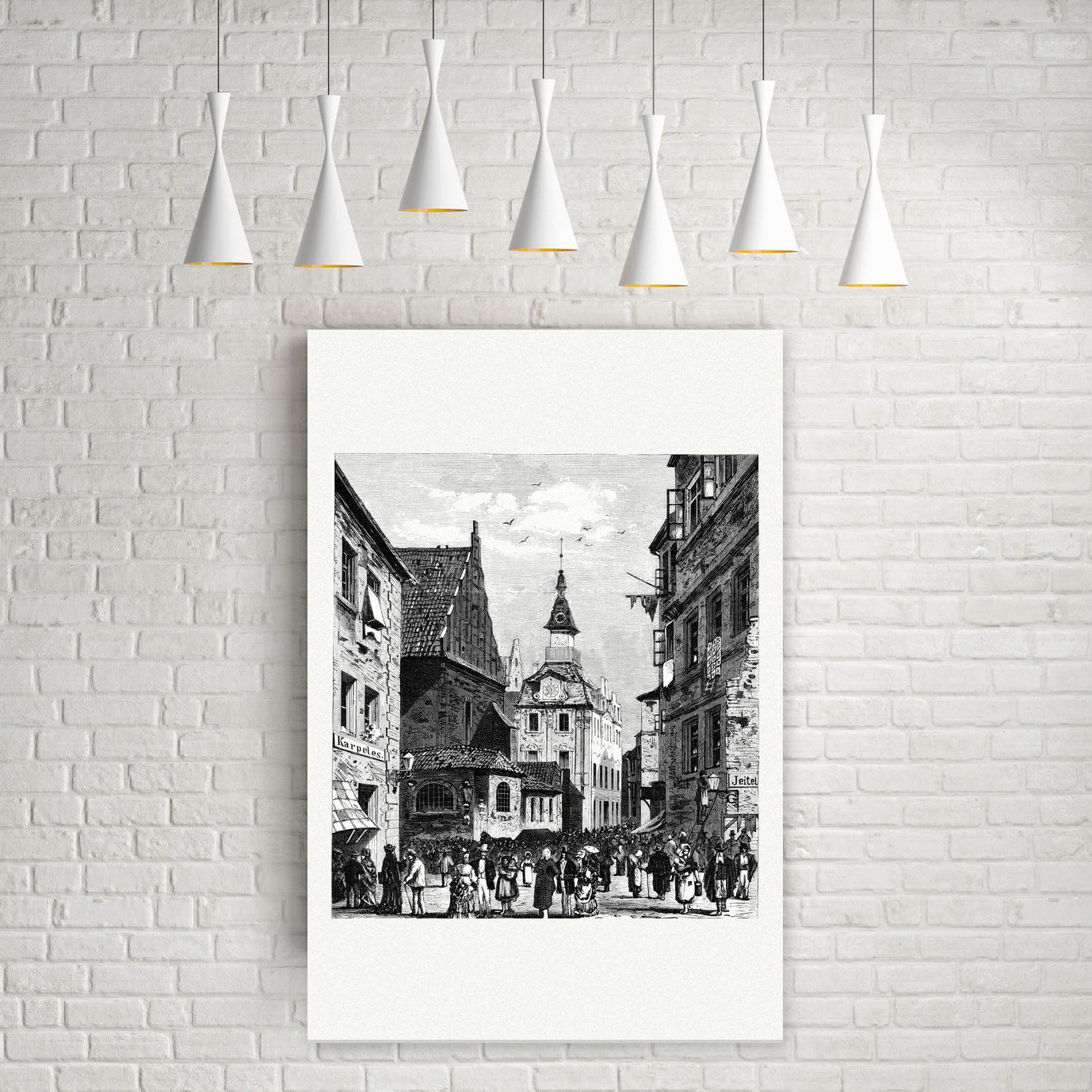 Prag, das jüdische Rathaus in der Josephstadt – Holzstich, Leinwanddruck auf Holzkeilrahmen an der Wand