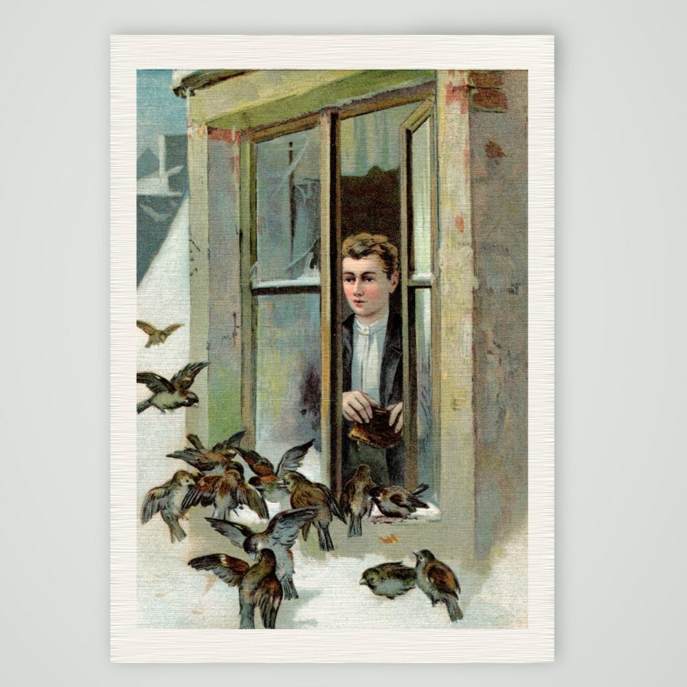 Hülfe in der Noth – Vogelfütterung im Winter – Farblithografie, Kunstdruck auf Leinenpapier