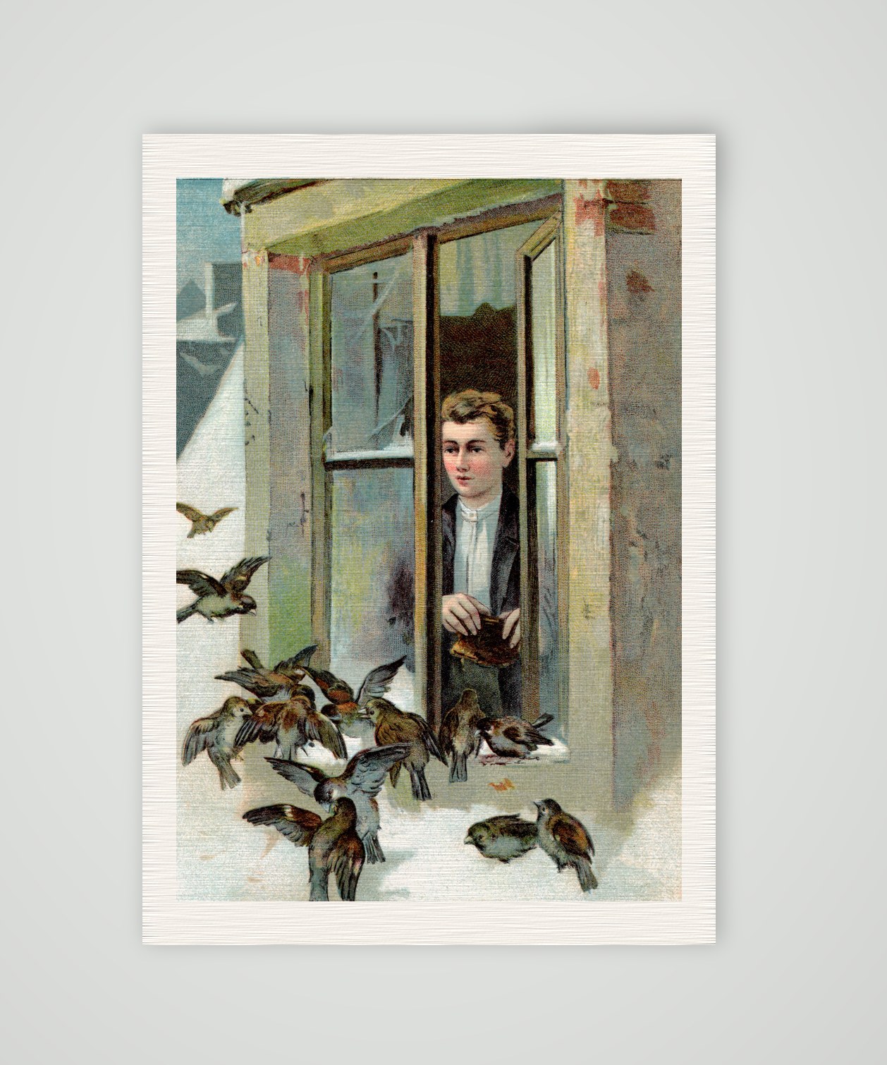 Hülfe in der Noth – Vogelfütterung im Winter – Farblithografie, Kunstdruck auf Leinenpapier
