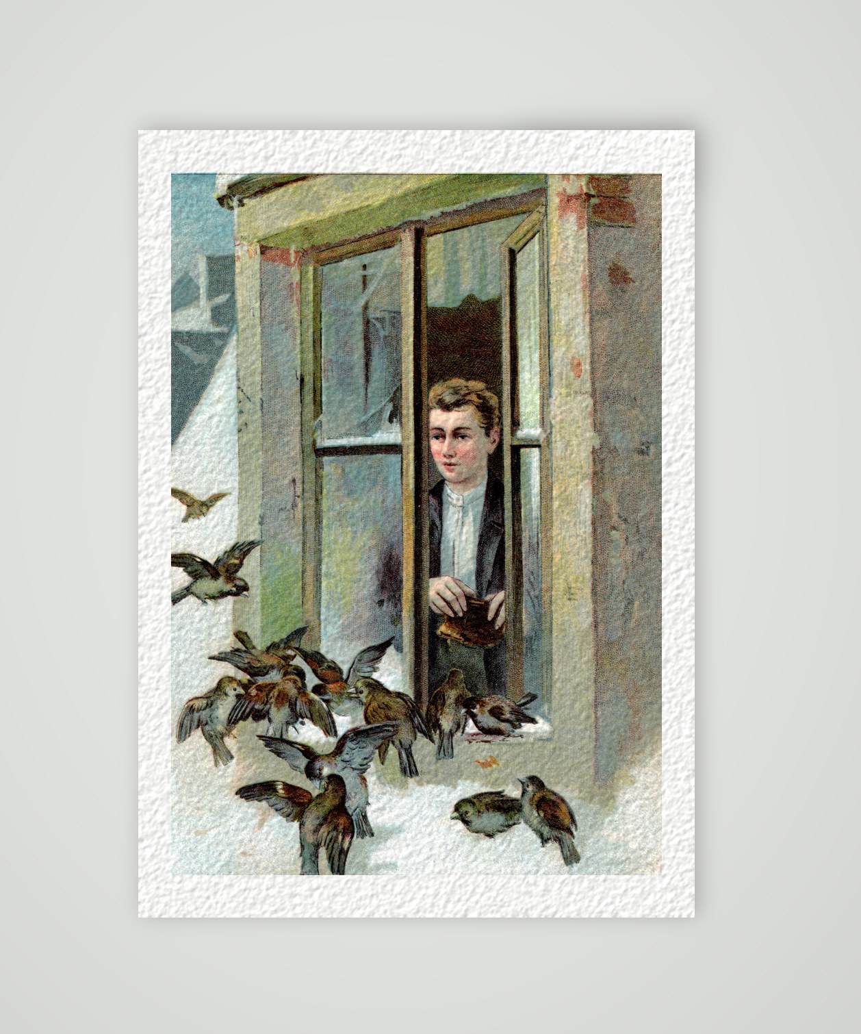 Hülfe in der Noth – Vogelfütterung im Winter – Farblithografie, Kunstdruck auf Hahnemühle-Büttenpapier