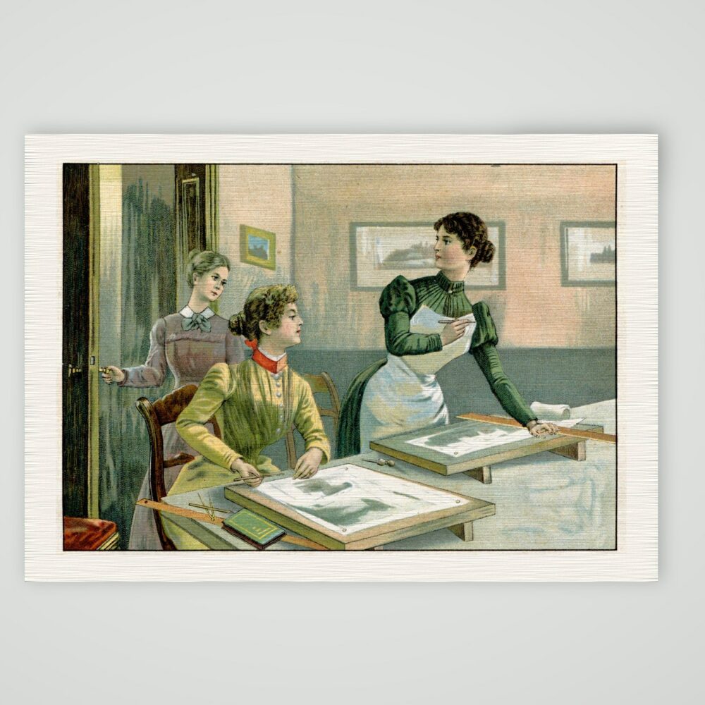 Heideröslein – Mädchen im Zeichensaal – Farblithografie, Kunstdruck auf Leinenpapier