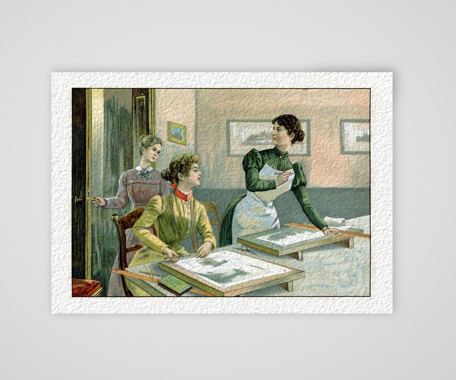 Heideröslein – Mädchen im Zeichensaal – Farblithografie, Kunstdruck auf Hahnemühle-Büttenpapier